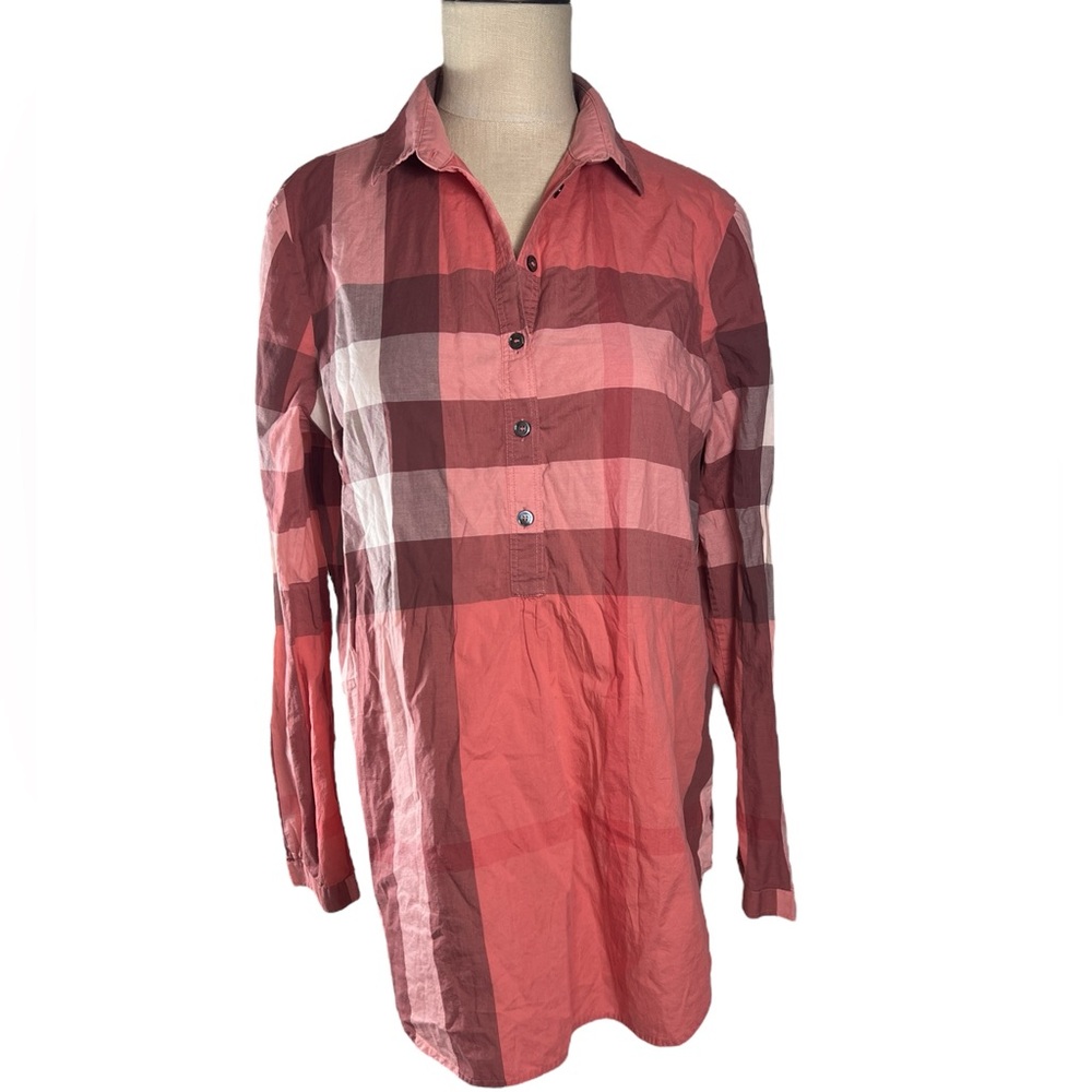 Burberry Brit Nova Check Coral 1/2 Button Tunic Sz L EUC Henley Quiet Luxury